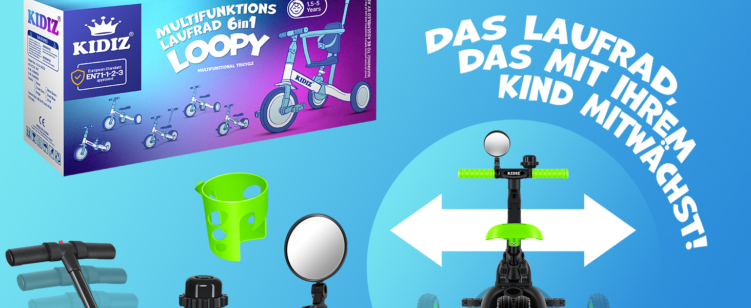 Біговел-триколіс KIDIZ 6-в-1 для дітей від 1 до 5 років (до 25 кг), чорний: з ручкою, захисним бампером, ременем безпеки, дзвінком та дзеркалом