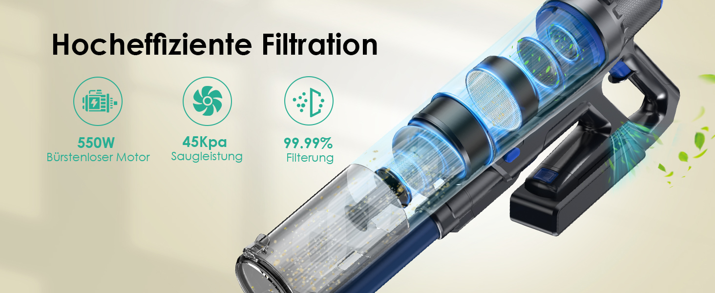 Акумуляторний пилосос з функцією миття підлоги, 45000Pa/550W/60 Min, безщітковий двигун, LED-дисплей, самостійна парковка, для твердих поверхонь, килимів та шерсті тварин, блакитний