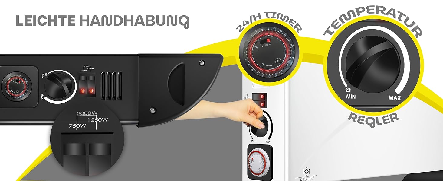 Конвектор KESSER 2000 Вт з таймером 24 год, захистом від замерзання, терморегулятором, турбонагрівом, 3 режими, ручки для перенесення, чорний