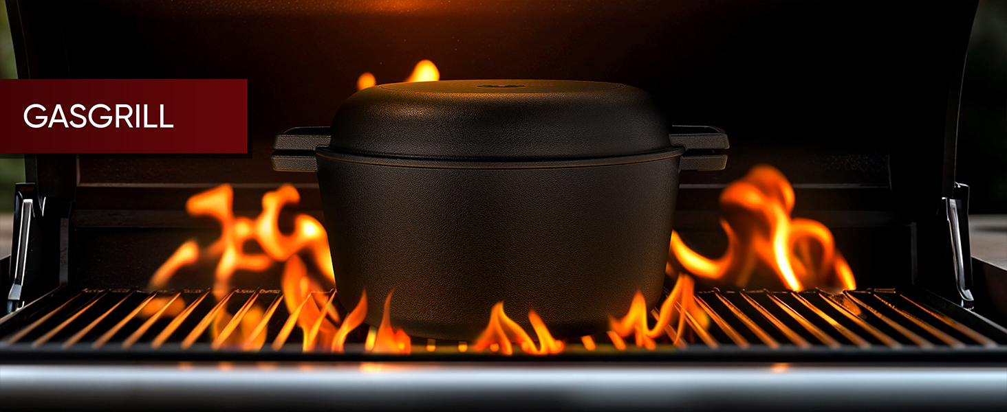 Голландська піч 2в1 з чавуну, 4.8л + сковорода з чавуну 1.8л - набір посуду для приготування, BBQ, кемпінгу та кухні. З кулінарною книгою та аксесуарами. 30 років гарантії. Чорний колір.