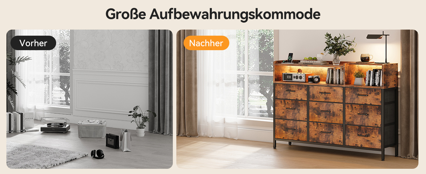 Комод ODK з шухлядами, 2 розетки, 2 USB, 10 LED-смужок, полиця-стільниця, 9 тканинних шухляд, чорний (ретро стиль), 130x30x97 см