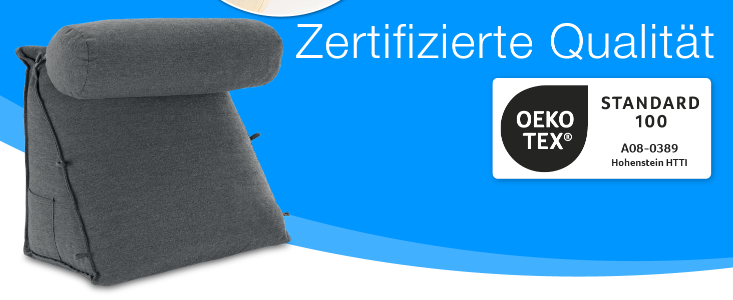 Подушка для спини та читання ELONEO з підголівником та бічною кишенею, антрацит, 50 см, знімний чохол