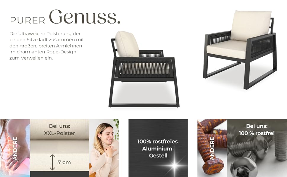 Набір садово-розкладних меблів tectake® Rope Design: 2 крісла, диван, стіл, подушки, для саду/балкону, 4 посадочні місця, вологостійкий, стиль 3