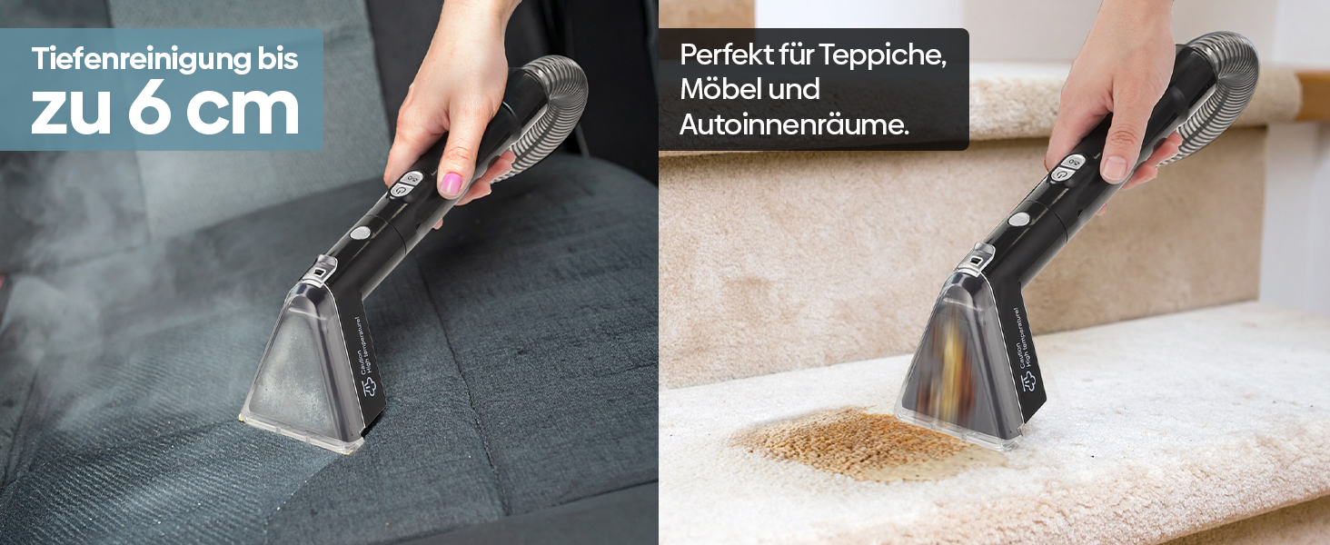 Olvy Teppichreiniger PRO: професійний пароочисник для килимів та м'яких меблів, 1650W. Включає миючий засіб. Підходить для чищення диванів, матраців та оббивки.