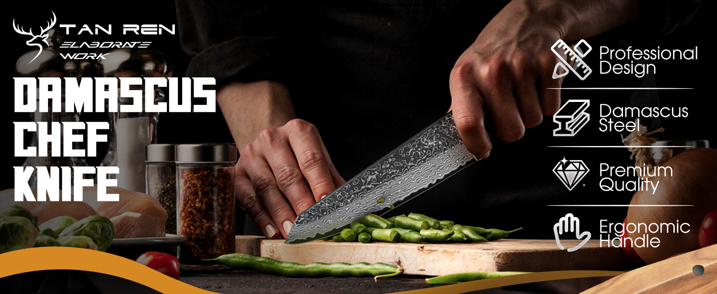 Ніж кухарський Damast від TAN REN, професійний ніж з дамаської сталі, з подарунковою коробкою, ручної роботи, для м'яса, надзвичайно гострий