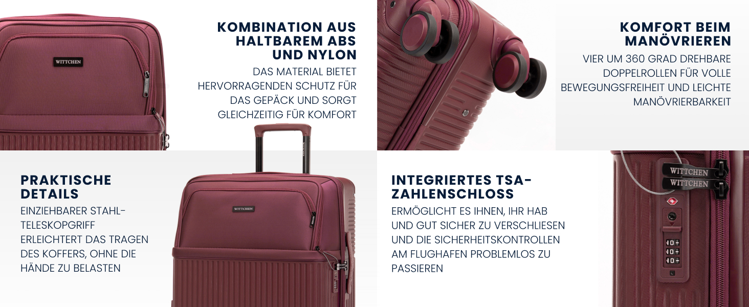 Набір валізWITTCHEN AXIS 3 шт. | Ручна та велика валіза | Гібрид ABS Nylon з TSA замком, телескопічною ручкою та 360° колесами | Бордовий колір