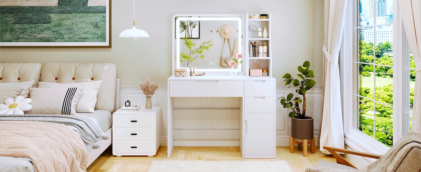 Білий туалетний столик для макіяжу з LED-підсвічуванням та дзеркалом | 3 ящики, 3 полиці, шафка | Столик для макіяжу для спальні