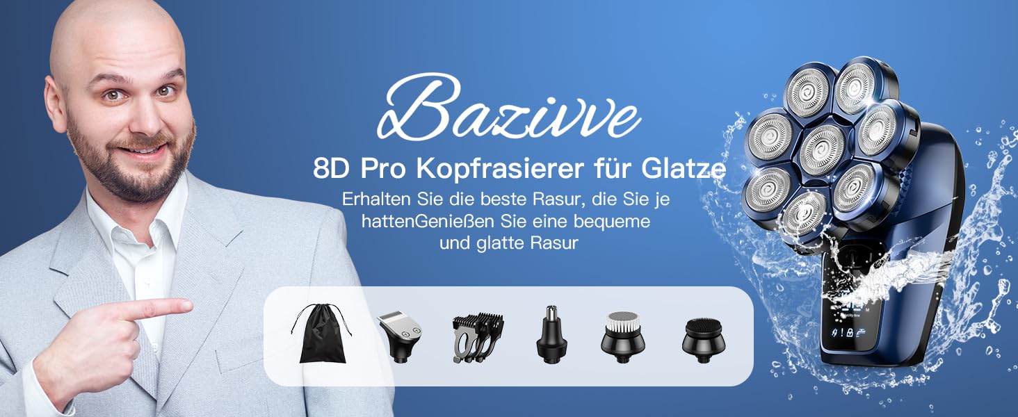  Бритва чоловіча електрична, базівве 7 в 1, 8 обертових бритвених головок, IPX7 водонепроникна, LCD, синя