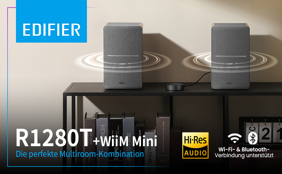 Активні WiFi-колонки Edifier R1280T+WiiM Mini, 42 Вт, Multiroom, Bluetooth, Hi-Res Audio 24Bit/96kHz, DSP, оптичний вхід, пульт, дерево