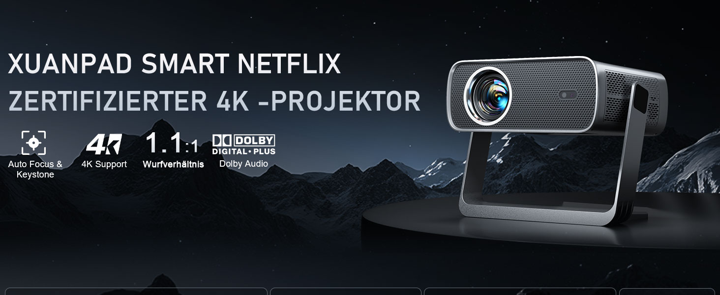 XuanPad Проектор 1080P з WiFi, Bluetooth та AI-автофокусом, 30000 люмен, поворотний на 210°, автоматична корекція Keystone, захист від пилу та система охолодження, сертифікований Netflix