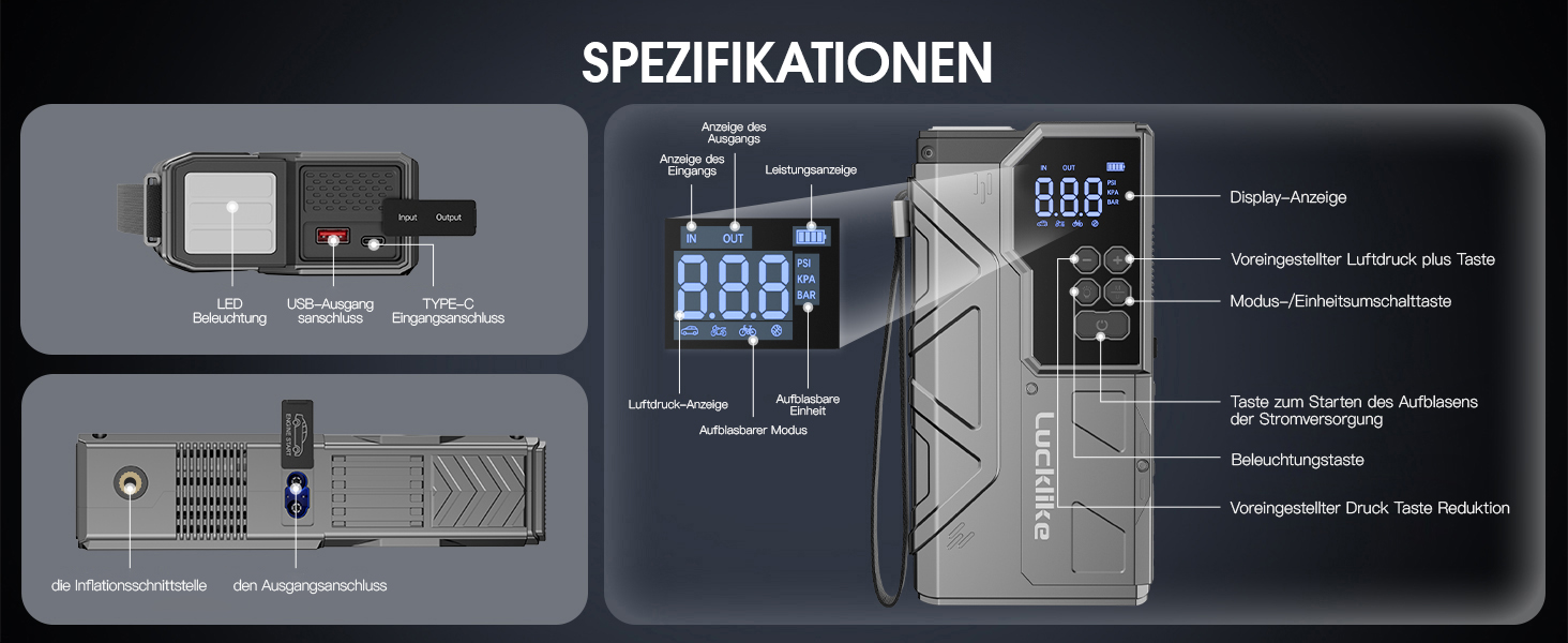 Powerbank з компресором Lucklike 150PSI, 5000A для авто, мото, газонокосарки (10.0л/8.0л Diesel)