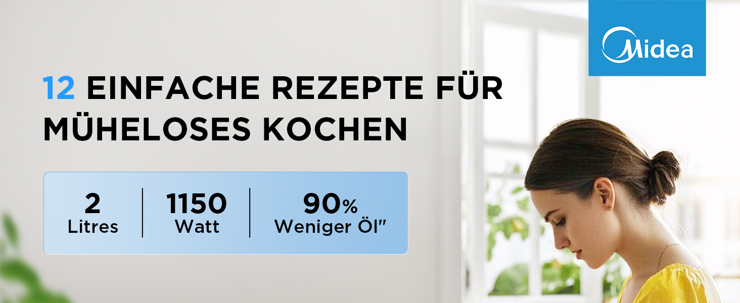 Фритюрниця без олії Midea 2L, 1150W, Airfryer, автоматичне вимкнення, легко чистити, BPA-free, чорний