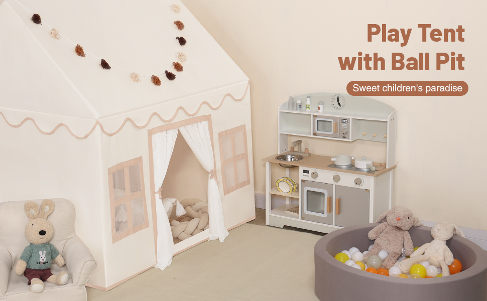 Дитяче намет-ігровий будиночок Wilwolfer з килимком для малюків: Принцесин будиночок з бахромою для дівчаток та хлопчиків - Великий намет для гри в приміщенні та на вулиці, кремовий колір