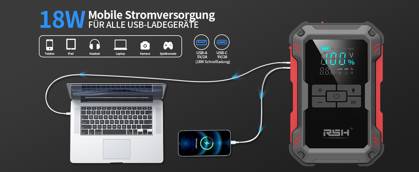 Пусковий пристрій RSH 4000A Jump Starter з компресором 150 PSI, бустер для авто 12V (бензин до 9.0L, дизель до 6.5L), Powerbank 10000 mAh та LED-ліхтарем, 4-в-1