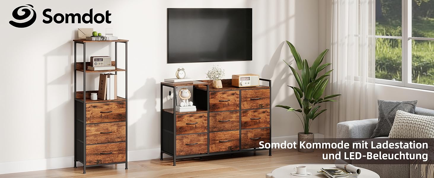 Комод Somdot для спальні, вітальні, передпокою з висувними ящиками, LED-підсвічуванням та розеткою (2 AC, 1 USB, 1 Type-C), 5 тканинних ящиків, білий, 29T x 66,5B x 70,5H см (декор під дерево, 29T x 99B x 70.5H см (8 ящиків))