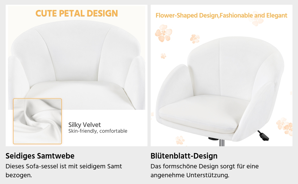 Крісло Yaheetech для дому та офісу: крісло для макіяжу, крісло для робочого столу, регульоване по висоті, поворотне, до 136 кг, з підлокітниками та спинкою, для спальні, офісу, вітальні, біле, велюрове