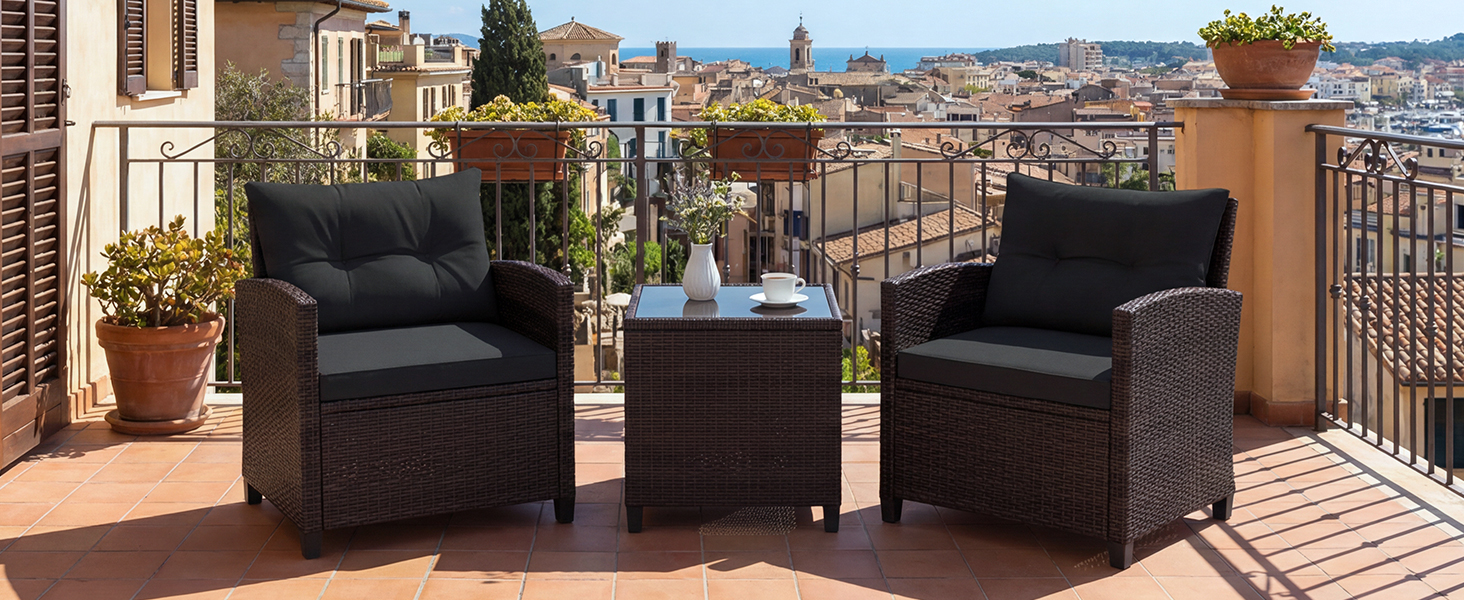 Набір садових меблів GIANTEX з ротангу для балкона та саду: 2 крісла та стіл, сірий з сірим (3 предмети) з подушками