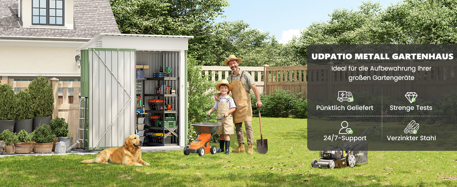 Металевий садовий будиночок UDPATIO 4 м³ (228x121x181 см) – для двору, інструментів, велосипедів, оцинкована сталь, з замком, зелений