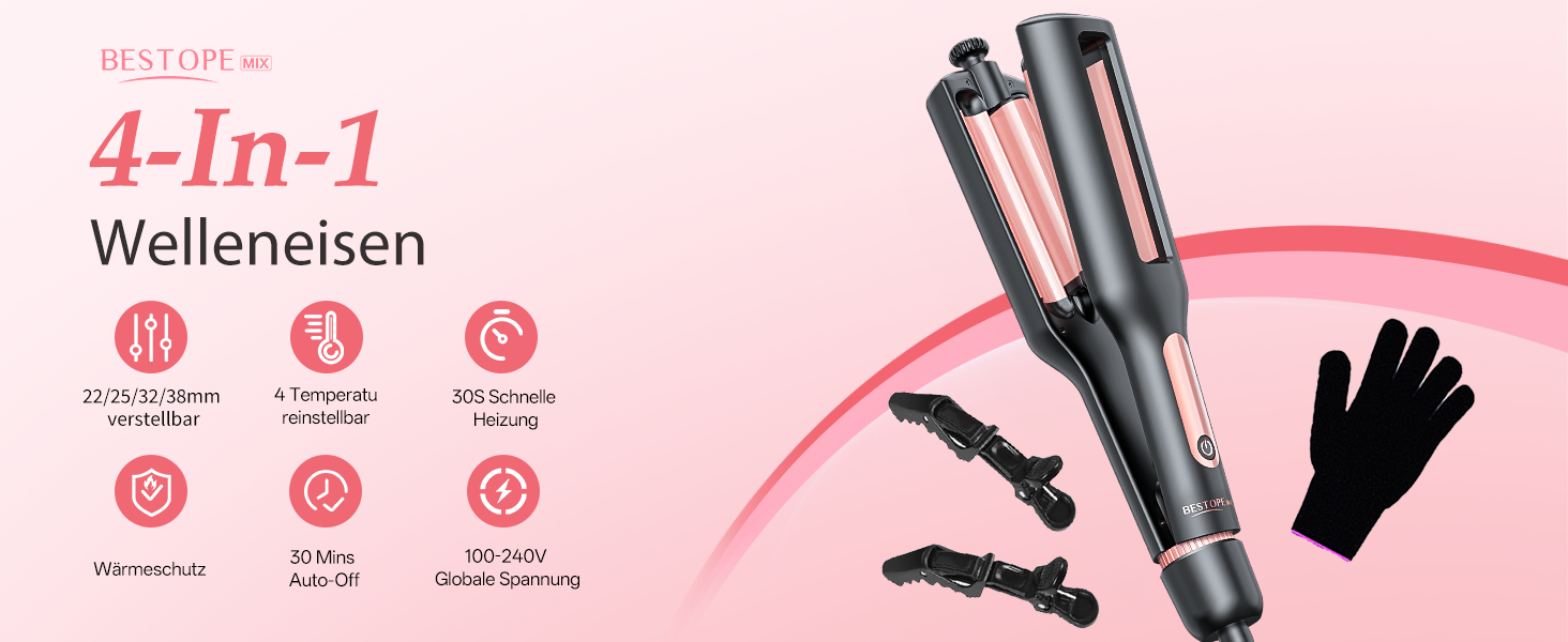 4-в-1 Випрямляч та завивачка для волосся - 22/25/32/38 мм, для створення хвиль, 4 температури (140-210°C), 3 насадки, чорний, Rose