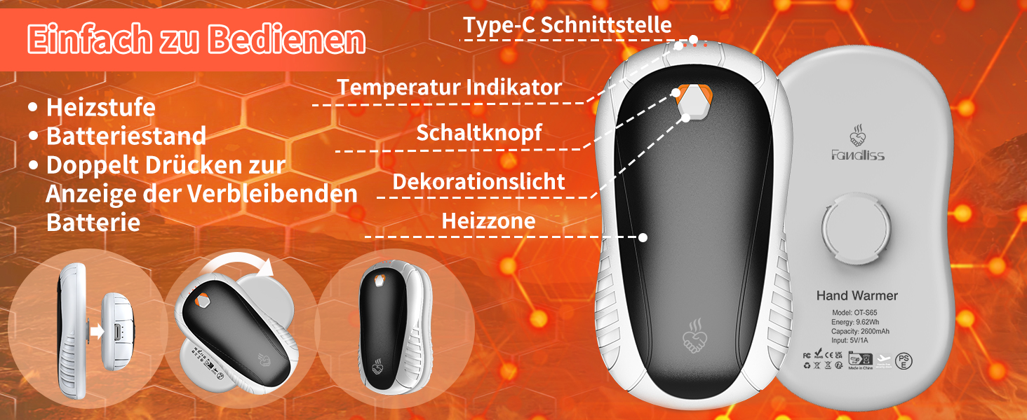 Електричні грілки для рук FANDLISS, 2 шт. - портативні, акумуляторні, 6000mAh, 3 режими нагріву, швидкий нагрів, ідеальний подарунок для спорту та зими
