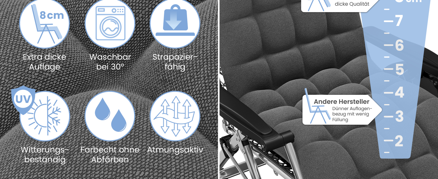 Лежак ELONEO розкладний преміум з подушкою, сонячний лежак для саду, вологостійкий, широка спинка, регульована, з подушкою для шиї та тримачем для напоїв, антрацит