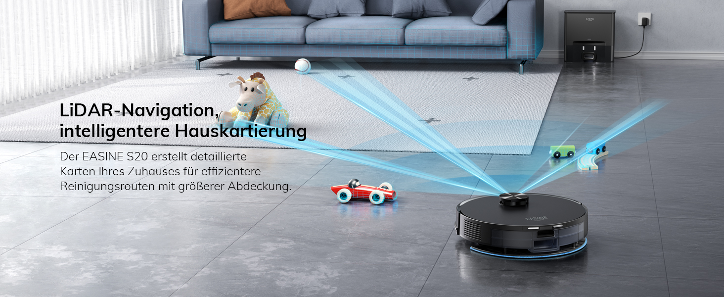 Робот-пилосос з функцією миття підлоги, автоматична станція самоочищення, лазерна навігація, зони заборони, 5000Pa, 5*2.5L мішки для пилу, 180 хвилин роботи, керування через додаток, для твердих підлог, килимів та шерсті тварин, S20