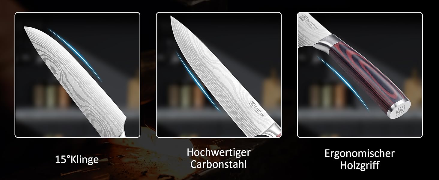 PAUDIN Ніж Сантоку з Дамаску, 13 см - професійний кухонний ніж, висока якість, гостра сталь, ергономічна ручка G10