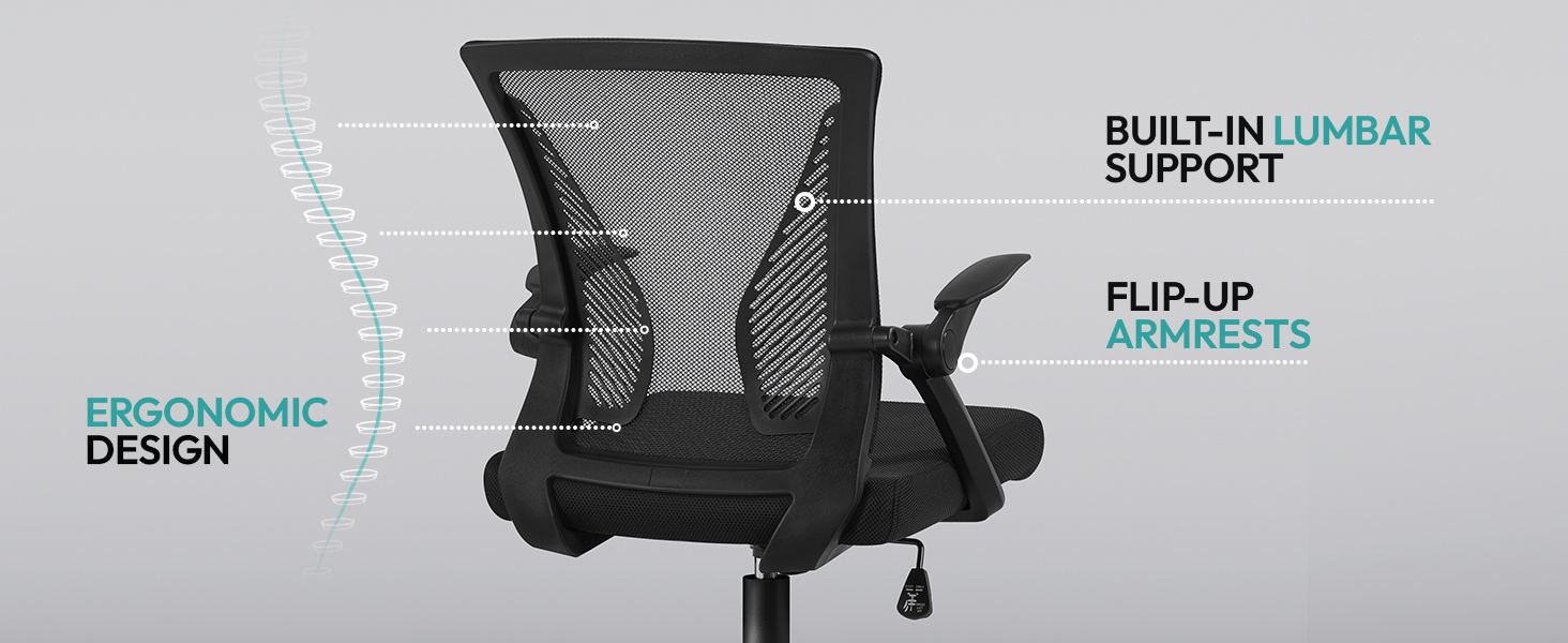 Офісний стілець Yaheetech ергономічний з сітчастою спинкою, регульований, з підлокітниками, для комп'ютера до 136 кг, чорний, з відкидними підлокітниками