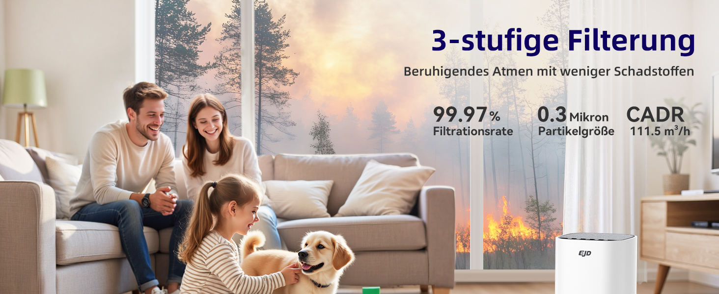 Повітряочисник для великих спалень до 70 м² з CADR 223 м³/год, тихий H13 HEPA повітряочисник з режимом сну 15 дБ, 3-в-1 фільтр видаляє 99,97% пилку, пил, шерсть тварин, запахи
