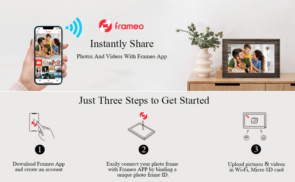 Цифровий фоторамка Frameo з Wi-Fi, 32GB, 10.1 дюйма, сенсорний екран, автоповорот, датчик руху, Frameo App для обміну фотографіями з будь-якого місця