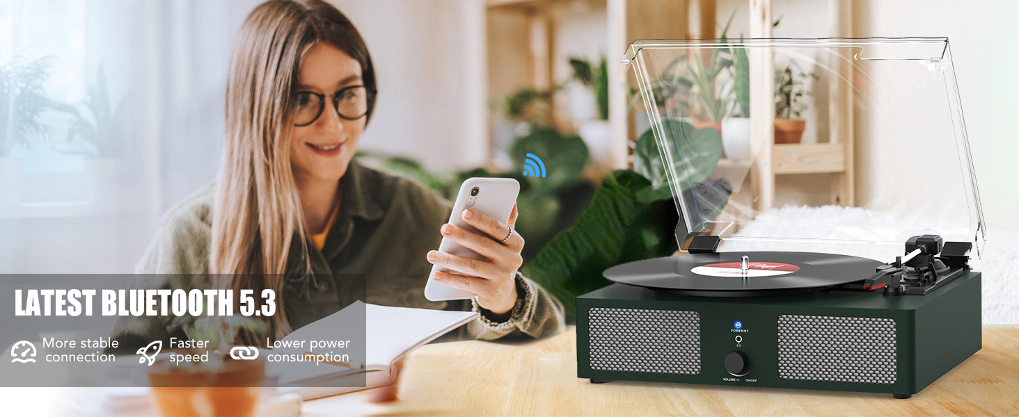 Вініловий програвач Udreamer з Bluetooth, вбудованими динаміками, пасиковим приводом, ретро-дизайн, 3 швидкості, для дому, зелений