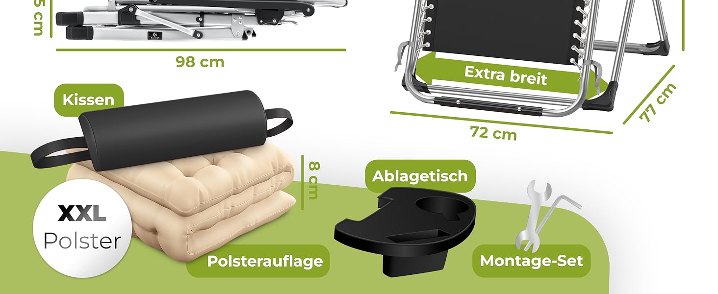 Шезлонг KESSER® для саду, розкладний, вологостійкий, 200 кг, з подушкою, регульована спинка, підголовник та тримач для напоїв, сірий