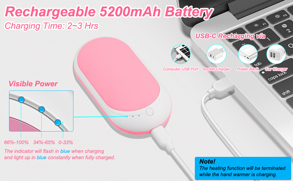Електричний грілка для рук USB, повербанк 5200mAh, портативний, багаторазовий, для жінок та чоловіків, чорний та білий (рожевий та білий)