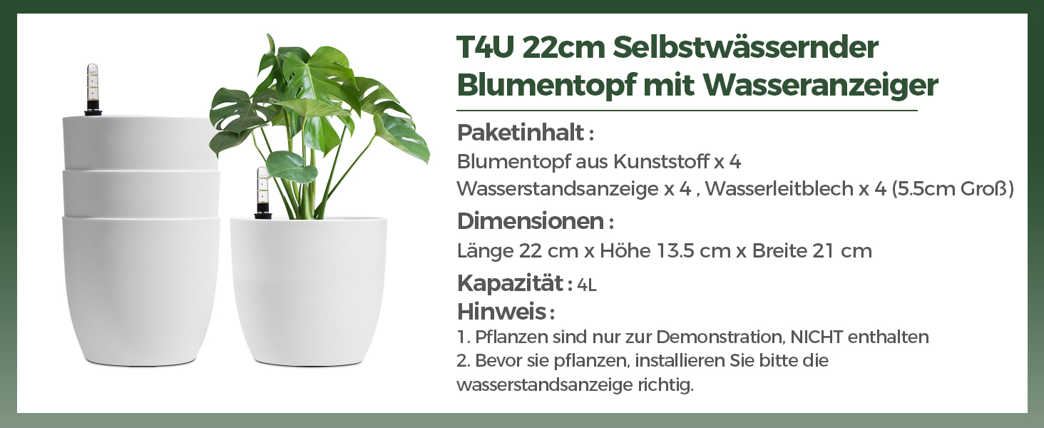 Набір горщиків для квітів T4U 15см з автополивом та індикатором рівня води, 4 шт. (білий, 22*21см)