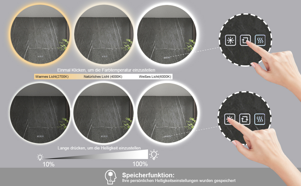 Дзеркало для ванної кімнати Furduzz LED з підсвічуванням, 700 мм, сенсорне керування, диммування, 3 кольори, проти запотівання, пам'ять, 70x70 см