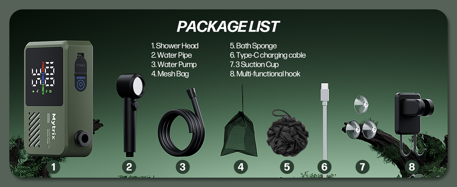 Митрікс Портативна душова система для кемпінгу: 10л/хв, акумулятор 7800mAh, 4 режими, IPX8, для подорожей та автомиття (зелена)