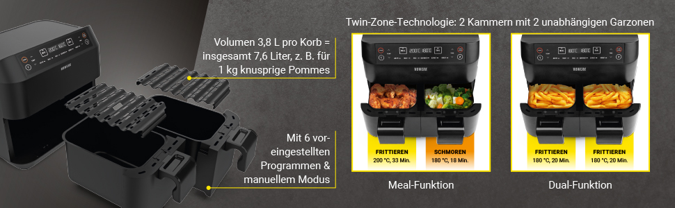 Двокамерна фритюрниця біла з 2 окремими конфорками 6 Програми та ручний режим 7.6 Загальний обсяг зі світлодіодним сенсорним дисплеєм Препарат без запаху та жиру 2400 Вт (7,6 л, темно-чорний), 8WERK