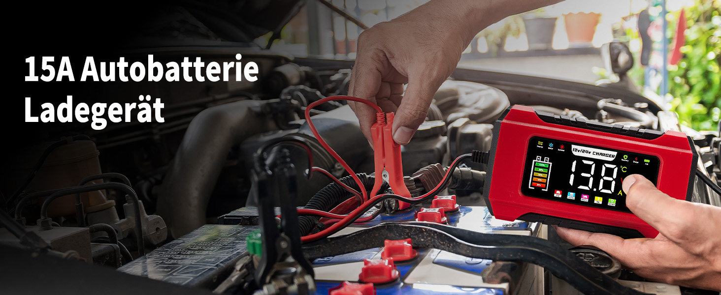 Зарядний пристрій для акумулятора HAUSPROFI 15A 12V/24V з функцією ремонту та підтримання заряду, 9-ступінчаста зарядка, LCD-дисплей для авто, вантажівки, мотоцикла, човна. Підходить для акумуляторів: свинцево-кислотних, AGM, EFB, LiFePO4