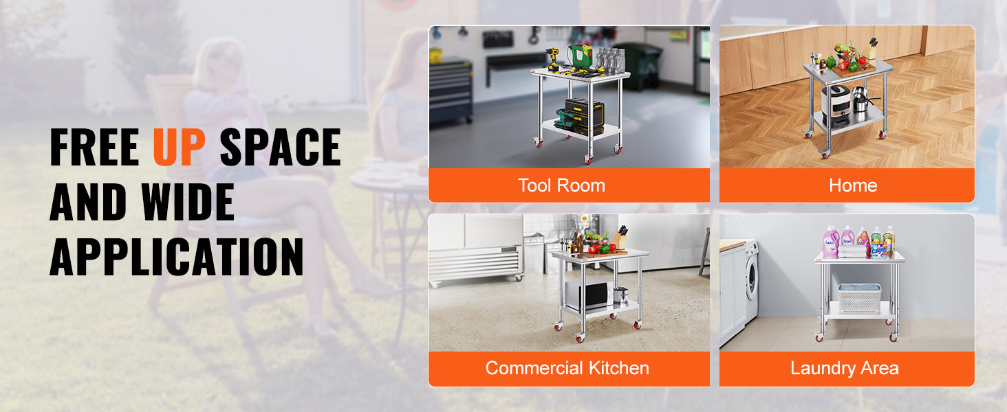 Нержавійна кухонна стільниця VEVOR 90x60x85 см з 4 роликами, регулювання висоти, 136 кг, для приготування їжі, сріблястого кольору