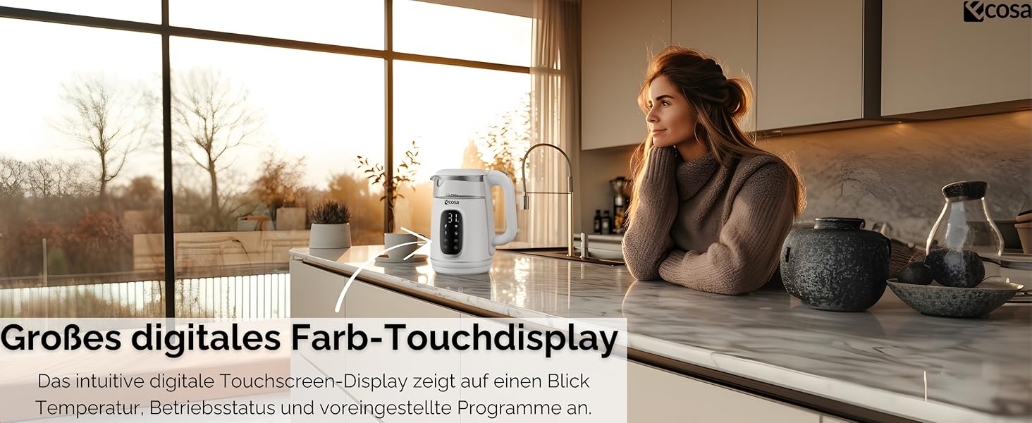 Електрочайник Ecosa® зі скляною колбою та регулюванням температури, 1.7 л, 2200 Вт, не містить BPA, з підігрівом та LED-підсвічуванням (Woldo White)