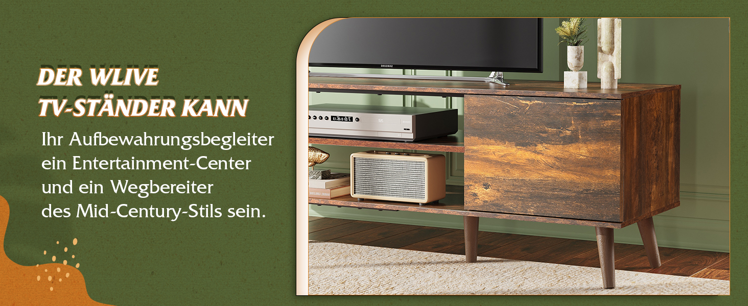 Тумба під телевізор WLIVE 160x40x47 см з двома дверцятами та відкритими полицями, вітальня, спальня, вінтажний коричнево-чорний