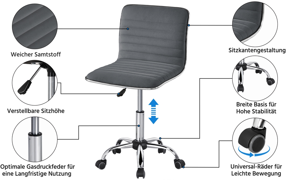 Офісне крісло Yaheetech без підлокітників, ергономічне, з регулюванням висоти, поворотне на 360°, з м'якою оббивкою з велюру, сірого кольору