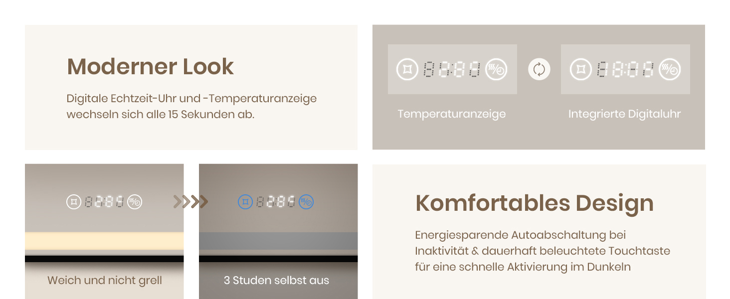 Дзеркало для ванної кімнати EMKE з підсвіткою 70x50 см, чорне, з сенсорним керуванням, регулюванням яскравості, протитуманним покриттям, годинником, функцією пам'яті та нейтральним світлом 4300K, енергозберігаюче, вологостійке (IP44)