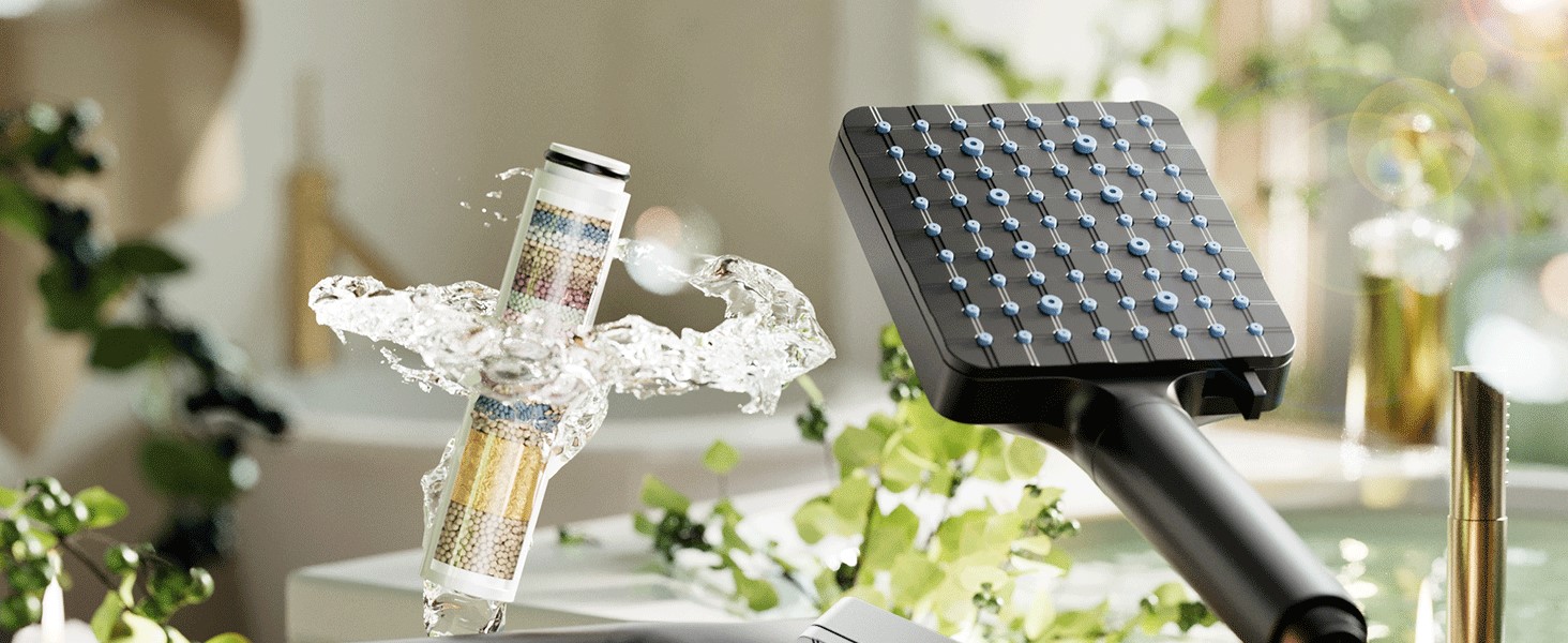 Фільтр для душу Cobbe з шлангом, високонапірна ручна лійка з 20-ступеневою фільтрацією, економна лійка з 6 режимами розпилення, дощова лійка для жорсткої води (чорний матовий)