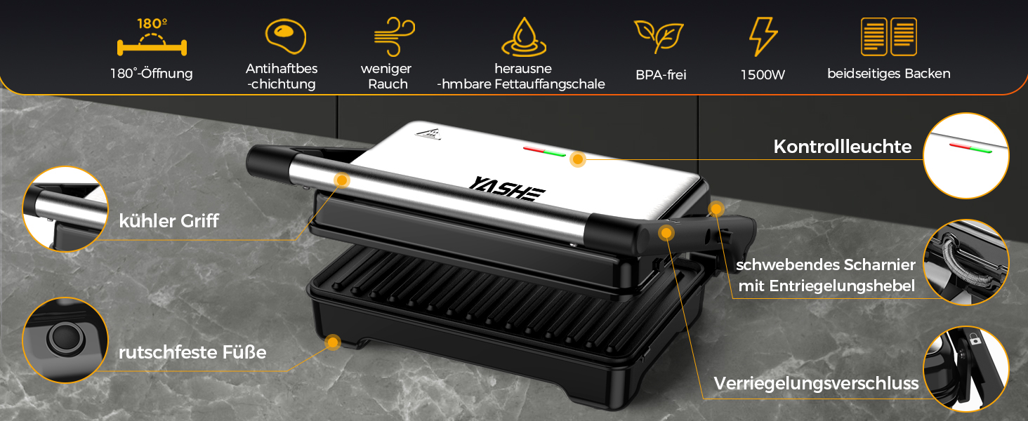 Sandwichmaker YASHE 1500W з антипригарним покриттям XXL, автоматичне регулювання температури, для 2 тостів