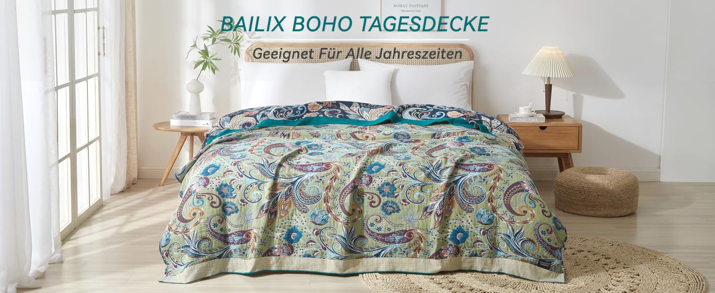 Преміум плед Bailix Boho з 100% бавовни, двостороння муслінова ковдра 200x230 см для дивана та ліжка, декоративна patchwork ковдра в стилі бохо, колір Indigo-traum