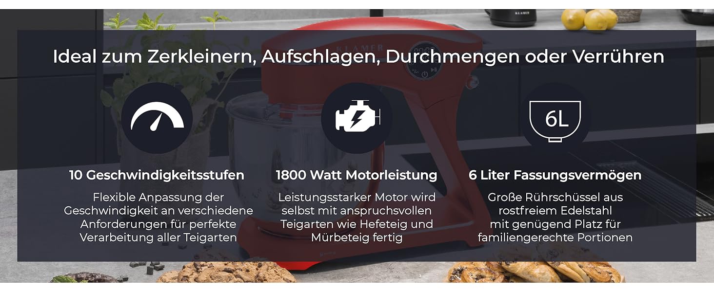 Кухонна машина KRAMER 1800W з чашею з нержавіючої сталі 6 л, 10 швидкостей з таймером, планетарний міксер, гак для тіста, вінчик, міксер, кришка (червона), преміум-якість