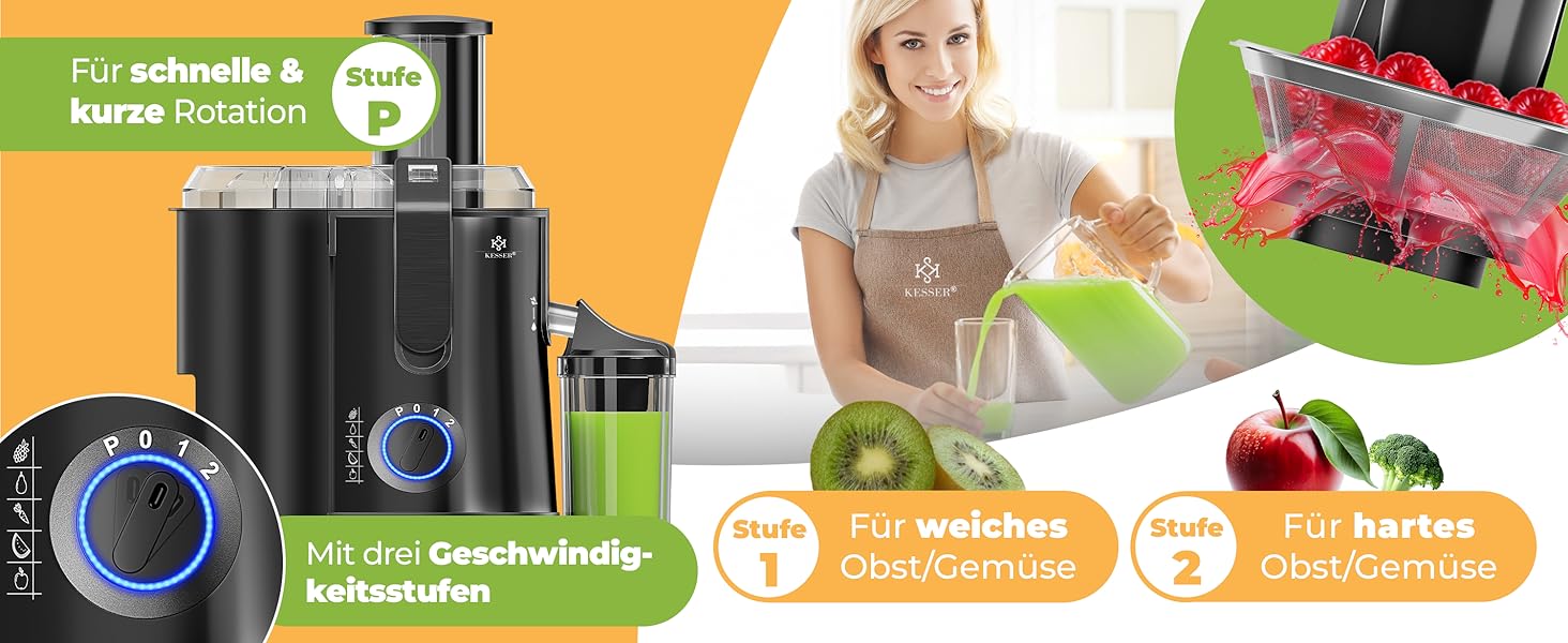 KESSER® Електрична центрифужна соковитискачка для фруктів та овочів з нержавіючої сталі 1100W, велика завантажувальна трубка, 3 швидкості, сірий/срібний колір