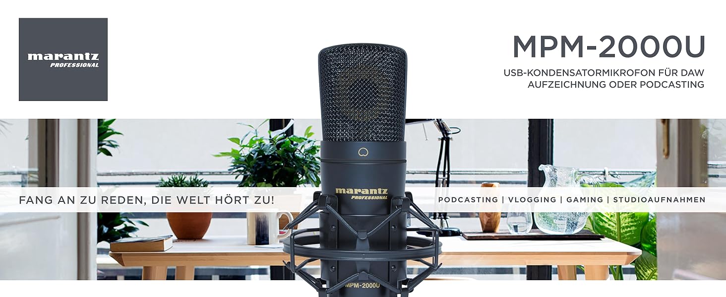 Мікрофон конденсаторний Marantz Professional MPM-1000U з великою мембраною, USB, нирковий характер, для подкастів, студії, геймінгу, з кабелем USB та кріпленням для мікрофона