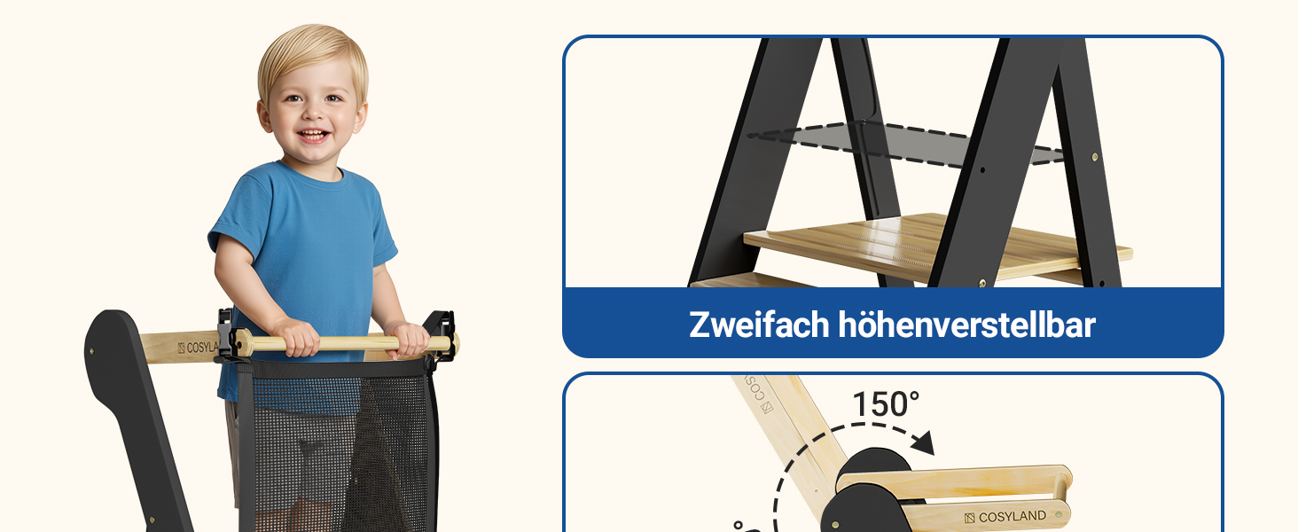 COSYLAND Монтессорі навчальний столик-сходинка для дітей від 1 року, регульована висота, складаний | Навчальний столик-сходинка для кухні | Темно-сірий-натуральний | COSYLAND